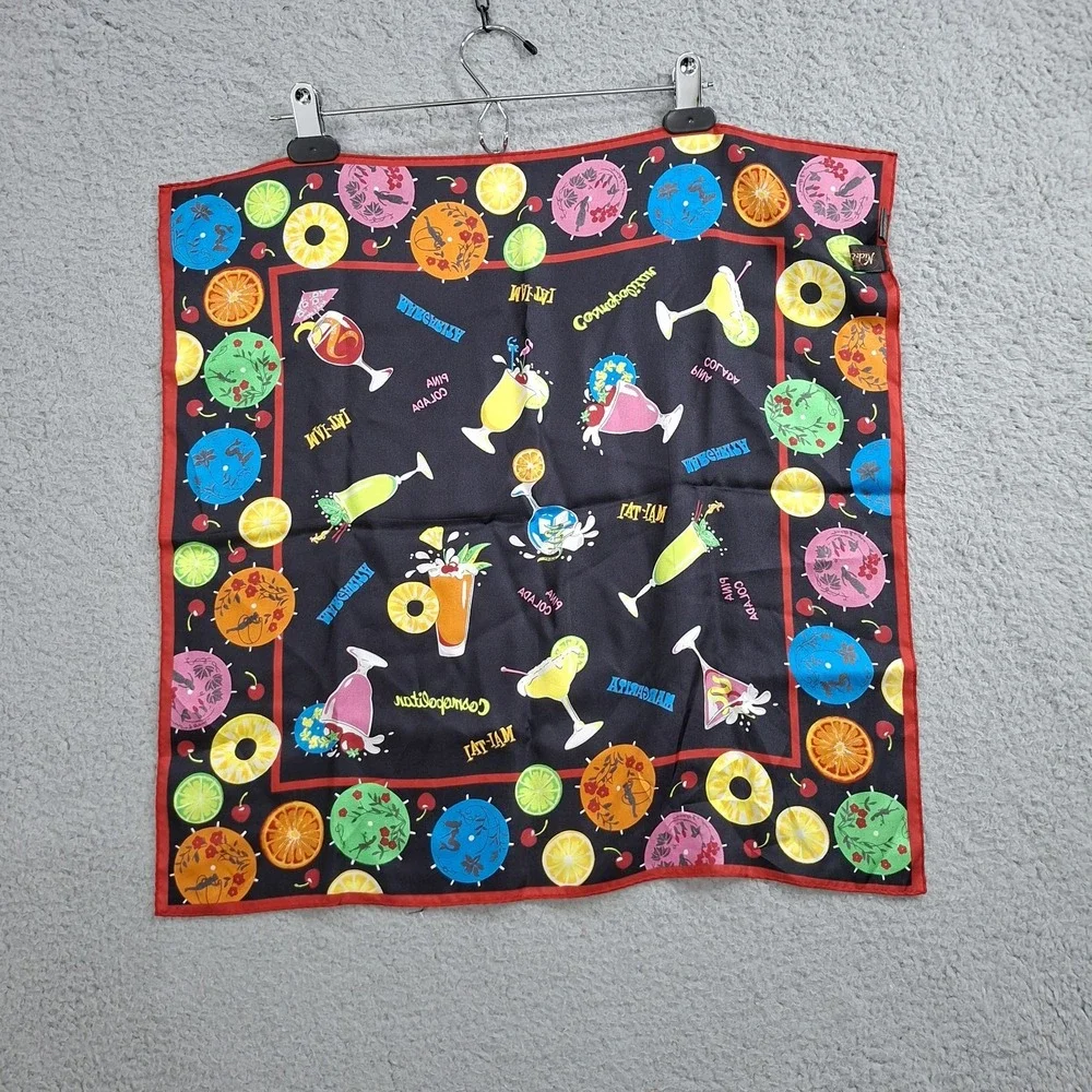 Nick and Nora 100% Silk Scarf Wrap Handkerchief Cocktail Print 21x21 Black Red
